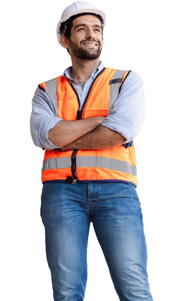 Construction worker man wearing Hi-Vis and a hard hat standing with his arms folded.