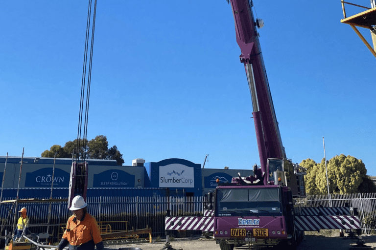 C0 Slewing Mobile Crane (Over 100 Tonnes) / Open Crane Ticket in operation under a clear sky at Saferight's training facility. C0 Crane Ticket Perth - Slewing Mobile Crane in Operation