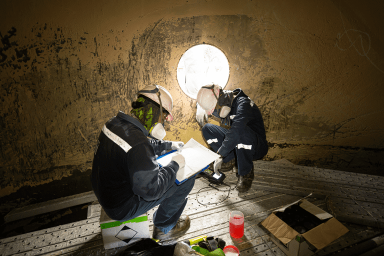 Confined Space Entry Supervisor. Two workers with protective gear inspecting documents inside a confined space with a light shining through an opening