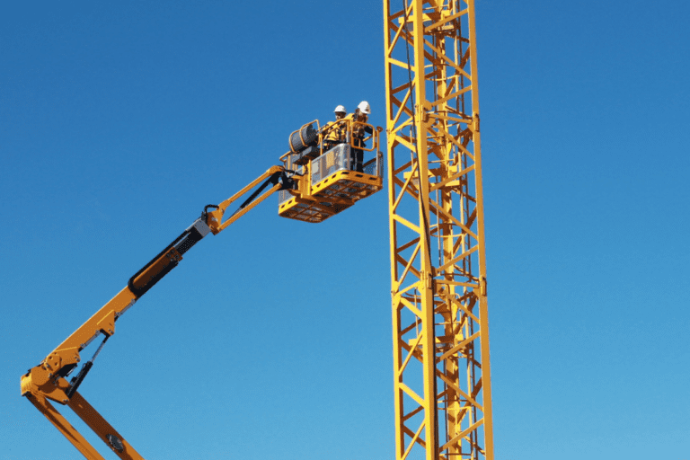 Elevating Work Platform (EWP) Two workers being lifted in an EWP with a blue sky background