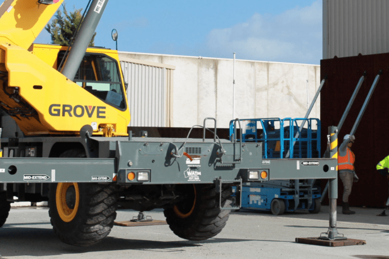 Yellow Crane being used at Saferight training facility during Basic Rigging course Perth / Riggers Ticket with course attendees in the foreground.