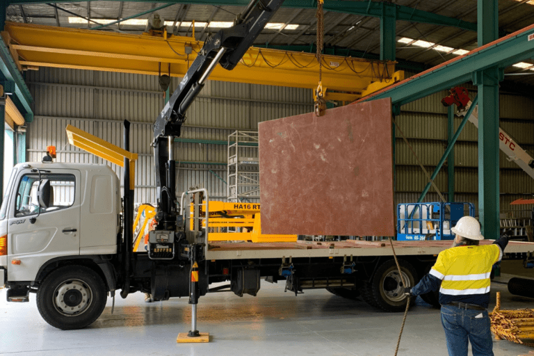 Operate a Vehicle Loading Crane. A vehicle loading crane lifting a large slab onto a truck in an industrial warehouse.