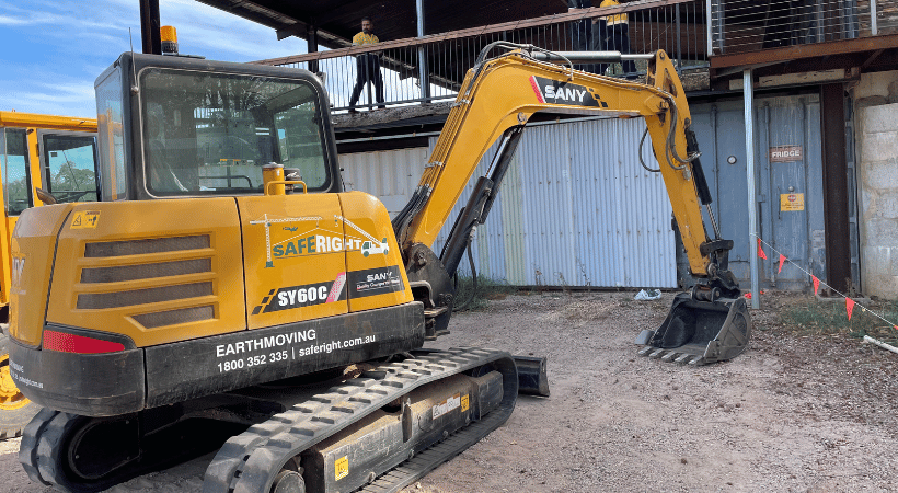 Conduct hydraulic excavator operations. Yellow hydraulic excavator parked at the Saferight Excavator Training course in Perth WA to Earn an Excavator Ticket in Perth.