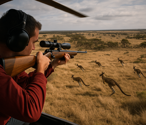 Man aiming a rifle from a helicopter during an aerial culling operation, targeting a group of kangaroos running across an open grassland landscape under a cloudy sky.