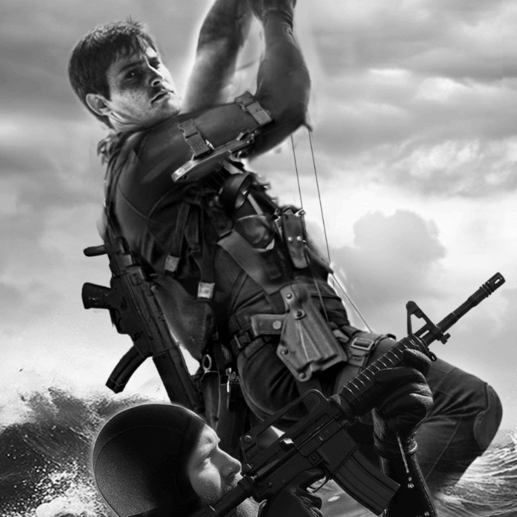 Two armed soldiers in tactical gear conducting a military operation over water.