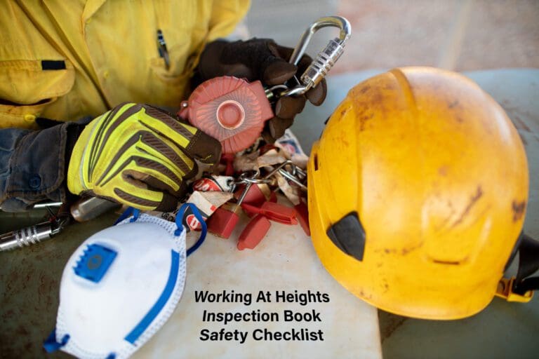 Auditor inspecting an inertia reel shock absorbing device with working at heights inspection book safety checklist defocused danger caution tape personal locks safety helmet and glove prior used.