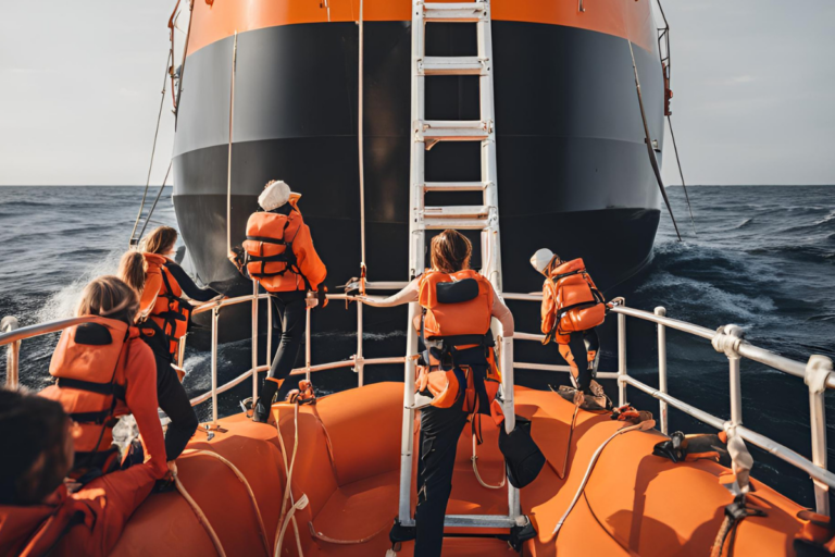 A group of individuals wearing orange life vests are standing on the deck of a ship, facing a large, black and orange funnel. The sea around them is choppy, indicating movement or rough water conditions. The sky is clear with soft lighting, suggesting either early morning or late evening.