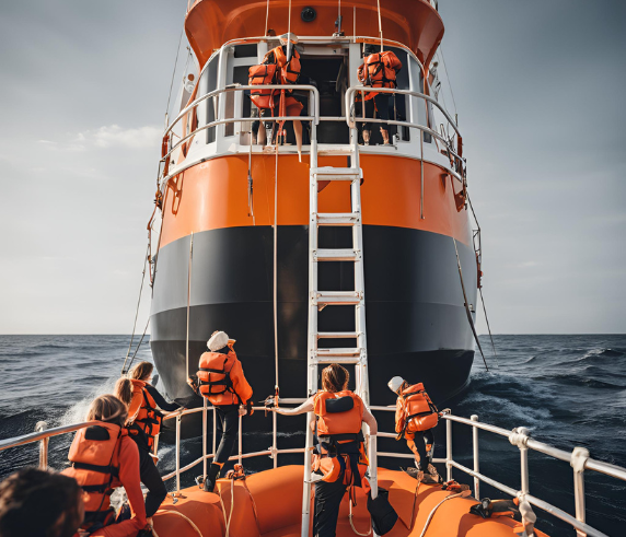 A group of individuals wearing orange safety suits and life jackets is descending a suspended embarkation ladder on the side of a large ship. The ship has multiple decks with windows, and several individuals are also visible on these decks observing the activity. The sea is visible at the bottom of the image, indicating that the ship is in water. This image may depict a safety drill or an evacuation exercise, demonstrating maritime safety procedures.