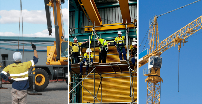 Workers involved in high-risk tasks including crane operation, scaffolding, and rigging. The image showcases a person guiding a mobile crane, workers on scaffolding with safety gear, and a construction crane at a building site. These activities require a high-risk work licence in Australia.