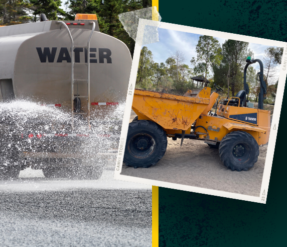 "Promotional collage for a training course featuring two construction vehicles. On the left, a water truck labeled 'WATER' spraying water on a road, symbolizing dust control or road cleaning. On the right, an inset photo shows a yellow articulated dump truck on a construction site, demonstrating its rugged capabilities. The layout uses a dynamic, overlapping style with a blue and yellow border, highlighting the practical training covered in the course