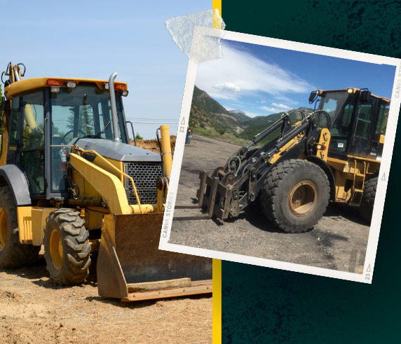 Marketing image for a combo training course featuring two types of construction equipment. On the left, a front-end loader with a yellow cab and attached bucket is positioned on a work site. On the right, an integrated tool carrier, also in yellow, equipped with multiple attachments, is displayed against a mountainous background. The collage-style layout with a blue and yellow border highlights the versatility and utility of the machinery for the course