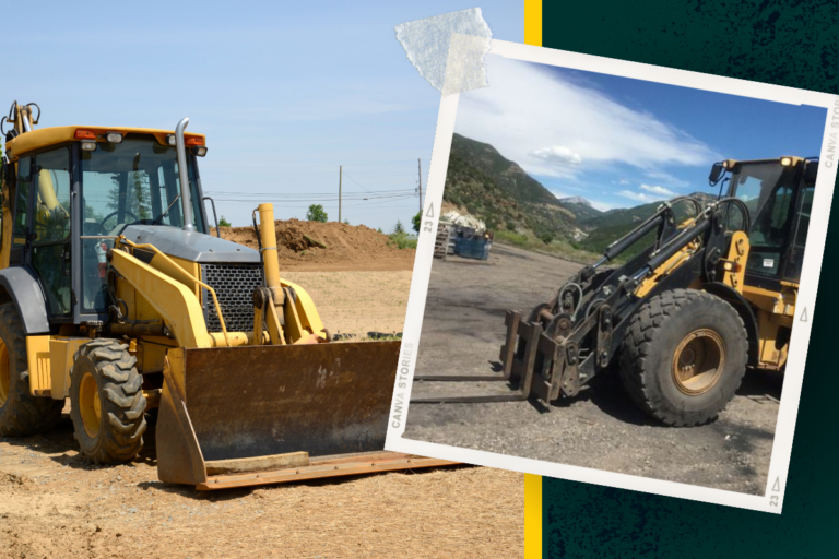 Marketing image for a combo training course featuring two types of construction equipment. On the left, a front-end loader with a yellow cab and attached bucket is positioned on a work site. On the right, an integrated tool carrier, also in yellow, equipped with multiple attachments, is displayed against a mountainous background. The collage-style layout with a blue and yellow border highlights the versatility and utility of the machinery for the course
