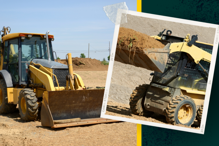 Promotional collage for a training course featuring two pieces of heavy machinery. On the left, a front-end loader with a yellow cab and large bucket parked on a construction site. On the right, an inset photo of a skid steer loader in action, moving dirt. The images are displayed with a dynamic, overlapping design against a background with a yellow and blue color scheme, emphasizing the practical and hands-on nature of the course