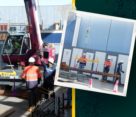 Collage showcasing Saferight's Dogging and Rigging Course in action at Fremantle. The left image captures three workers in high-visibility gear attending to a red crane lifting materials. The right image shows a group of workers overseeing the precise lifting of large wall panels with a crane, emphasizing practical training and teamwork in a real-world setting