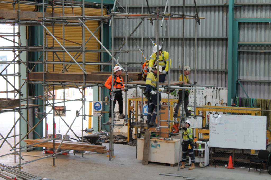 Scaffolding training at Saferight's facility, with multiple workers wearing safety harnesses, helmets, and high-visibility clothing while working on scaffolding at various heights. The background shows safety signage and equipment storage. The workers are engaged in practical exercises related to scaffolding safety.