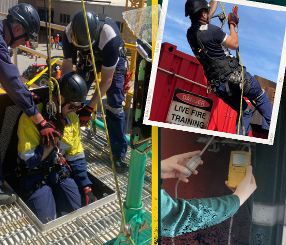 Saferight students training in confined space entry, gas testing, and working at heights using PPE, rescue equipment, and gas monitors.