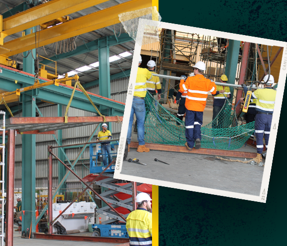 Two images from Saferight's Rigging Basic Course. On the left, workers are using a crane to lift materials, while on the right, a group of workers is handling a safety net. All participants are wearing high-visibility clothing, helmets, and following safety protocols during their practical training