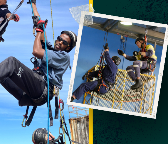 Trainees wearing safety harnesses and helmets participate in rope access and height safety training at Saferight. One image shows a participant climbing using a rope system outdoors, while the other shows two individuals conducting a practical height safety inspection indoors. This represents Saferight's combined Work Safely at Heights and Height Safety Equipment Inspector course.
