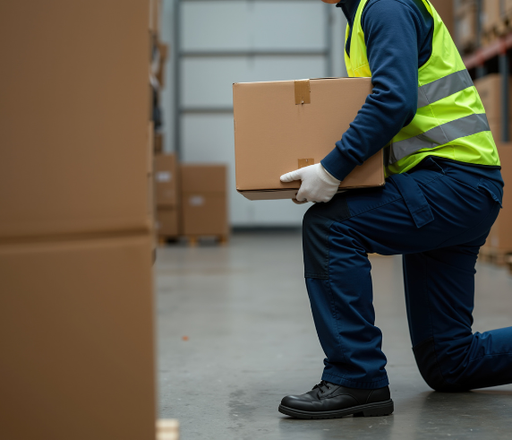 Worker wearing hi-vis vest and gloves demonstrating safe manual handling technique by lifting a box correctly during face-to-face training in Perth