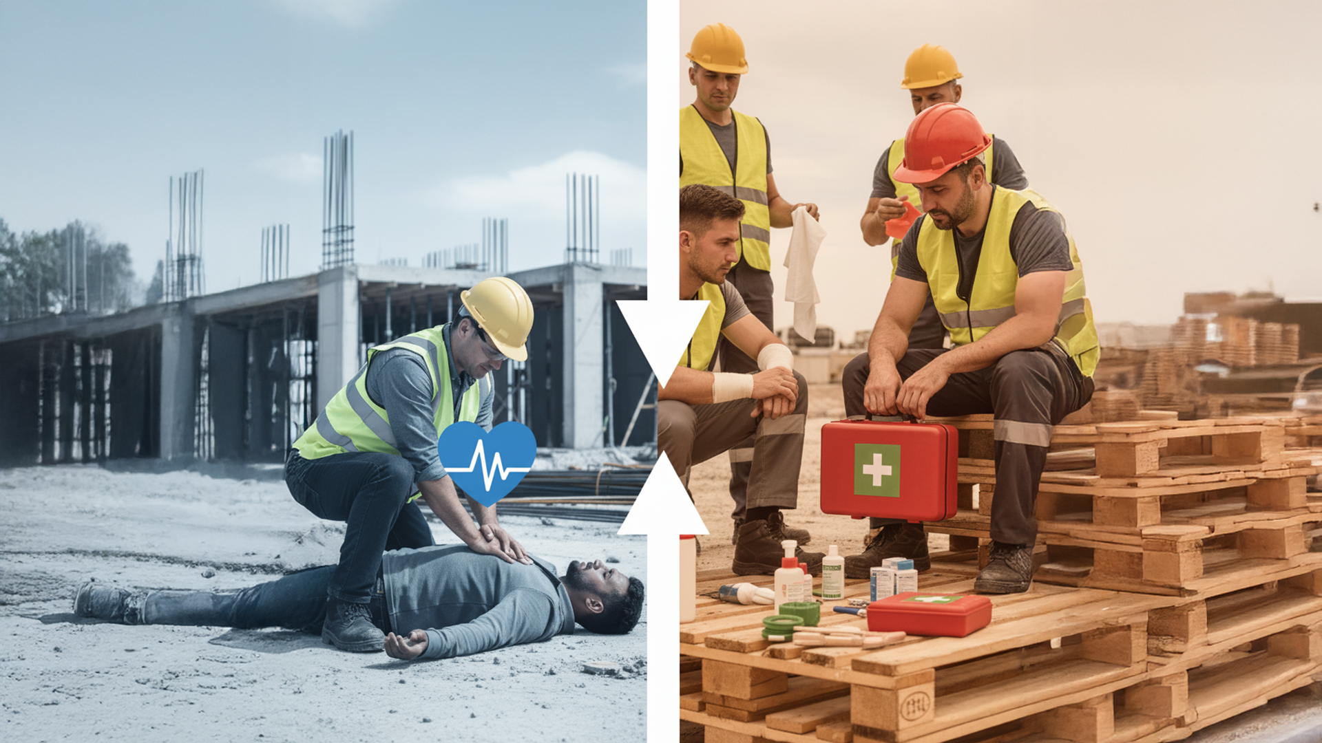 CPR vs First Aid: What’s the Difference and Which Certification Do You Need? Man giving cpr and construction men checking out the first aid kit
