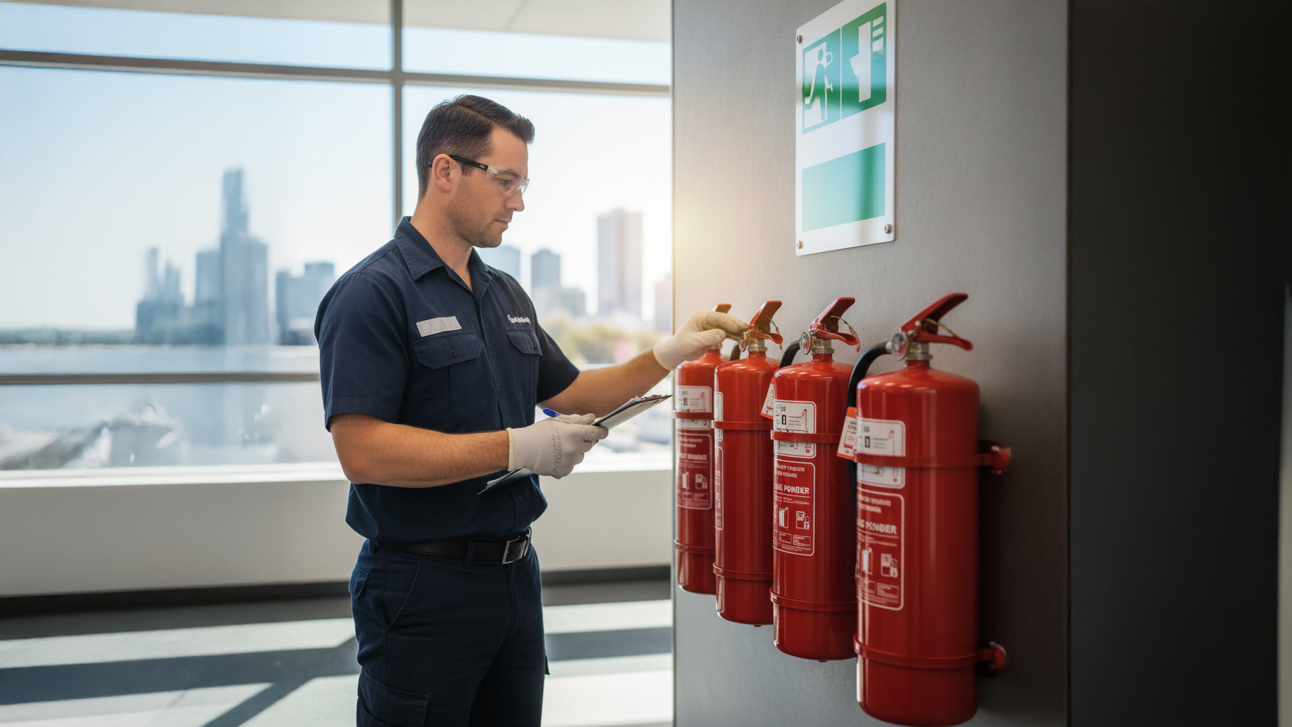 Fire Extinguisher Inspection Requirements in Perth: How Often and Why? Man inspecting fire extinguishers and writing a report
