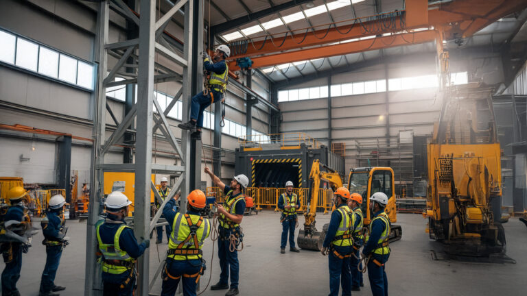 High-Risk Work Training in Perth for International Students. An instructor and a student wearing safety harnesses and hard hats participate in a practical High-Risk Work Training in Perth for International Students at a specialised training facility.