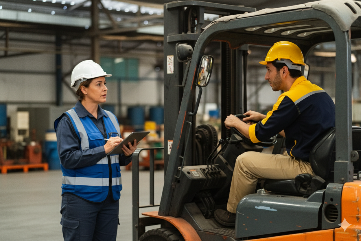 What is verification of competency - Man getting assessed for Forklift